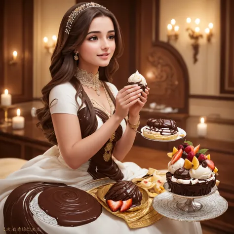 (8k, best quality, masterpiece:1.1), A beautiful girl with brown hair and captivating eyes, (Realistic, photo-realistic:1.37), is delightfully savoring an ice cream adorned with an abundance of chocolate and luscious fruits. The girl is elegantly dressed i...