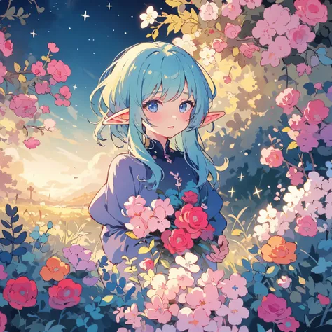 elf girl, bright colorful hair, magical, whimsical, fantasy, otherworldly, extremely detailed face, masterpiece, perfect illumin...