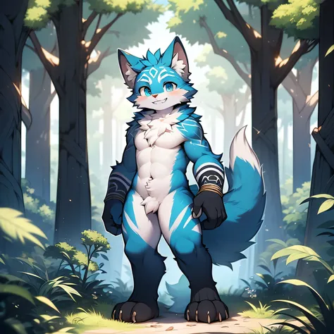 anthropomorphic cat，fluffy fur，Blue patterned fur embellished，Handsome，Males，Alone，masterpiece，super high quality，in the forest，Smiling with bared teeth，Energetic，rich in detail，standing，perfect，Whole body naked