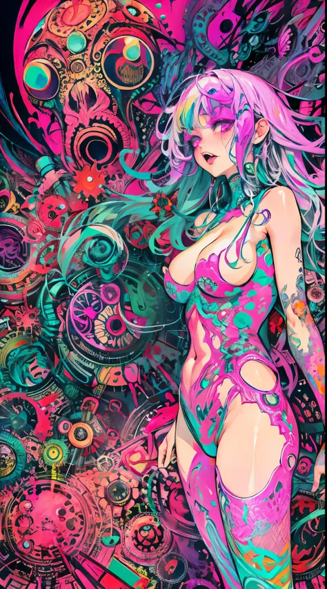 Seductive psychedelic horror, Trippy Hentai, body horror, having sex, real breasts, surreal Sex, LSD trip, sensual, psychedelic vaginal sex, provocative, colorful, glowing