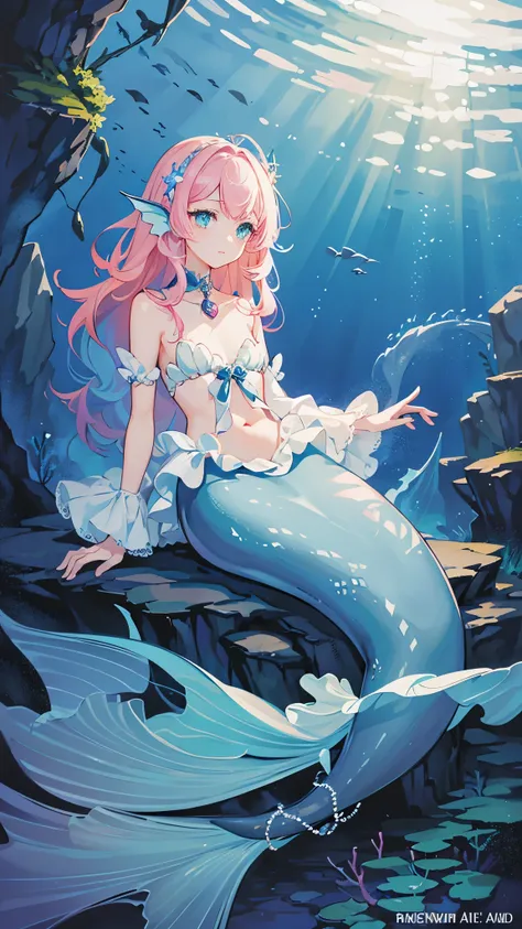 illuminated by the mysterious light of the deep sea, a light blue mermaid with bright pink hair and sparkling eyes., an undersea...