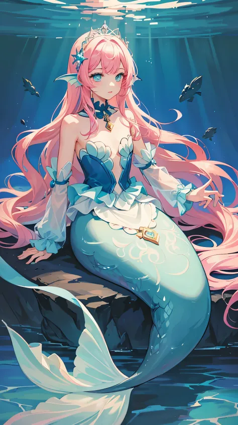 illuminated by the mysterious light of the deep sea, a light blue mermaid with bright pink hair and sparkling eyes., an undersea...