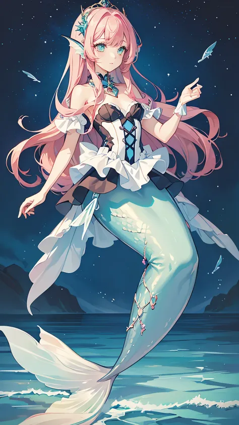 illuminated by the mysterious light of the deep sea, a light blue mermaid with bright pink hair and sparkling eyes., an undersea...