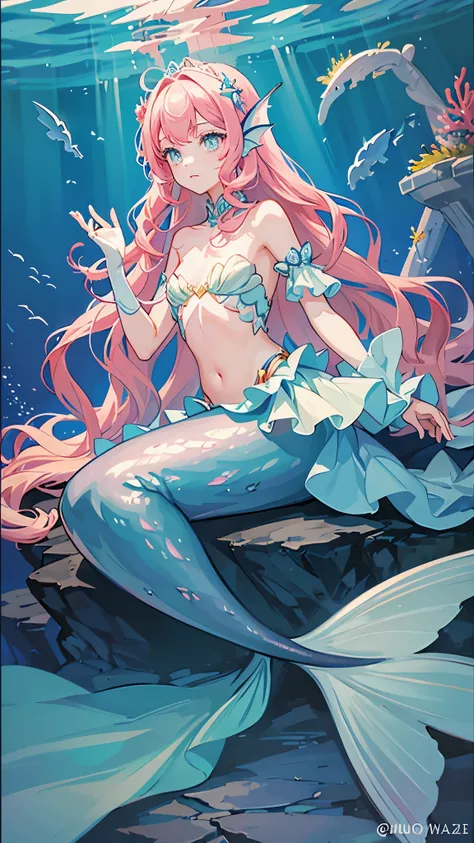 illuminated by the mysterious light of the deep sea, a light blue mermaid with bright pink hair and sparkling eyes., an undersea...