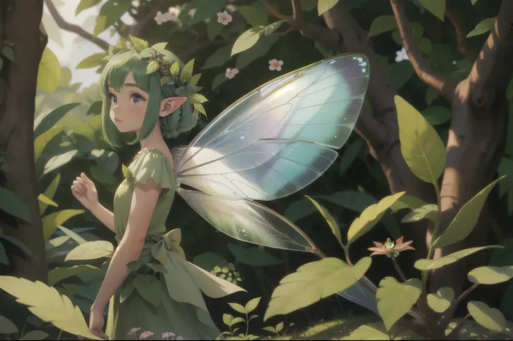 high quality, masterpiece, fairy, fairy wings, greenery