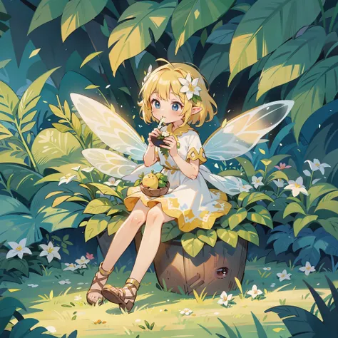 Flower fairy, ((female youth)), a (girl) fairy sitting inside a (flower bud), cute, golden hair, masterpiece, transparent wings, dew on leaves, fantasy clothing