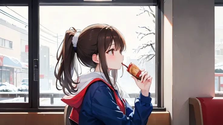 fast food restaurant、winter、It&#39;s snowing、Woman drinking cocoa by the window、brown hair、ponytail