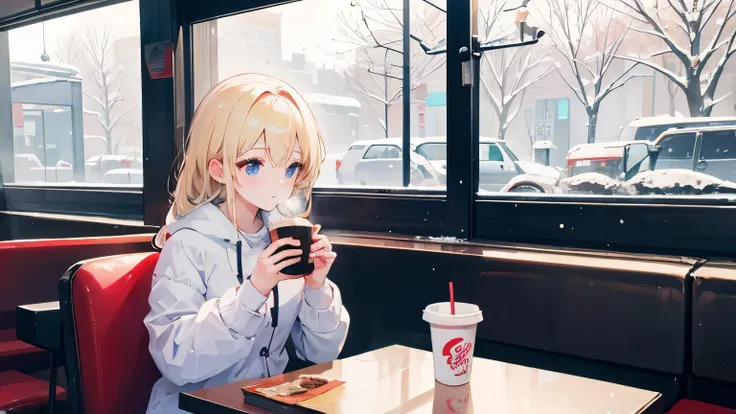 fast food restaurant、winter、It&#39;s snowing、Woman drinking cocoa by the window、blonde