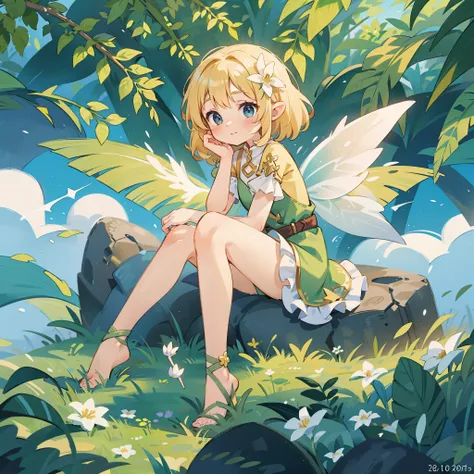 Flower fairy, ((female youth)), a (girl) fairy sitting inside a (flower bud), cute, golden hair, masterpiece, transparent wings, dew on leaves, fantasy clothing