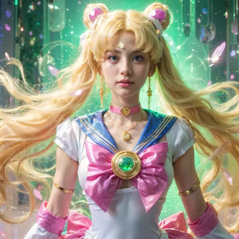 usagi transforming into sailor moon, adapted to live action, transformation scene, hyperrealistic, luminous palette, shimmering ...