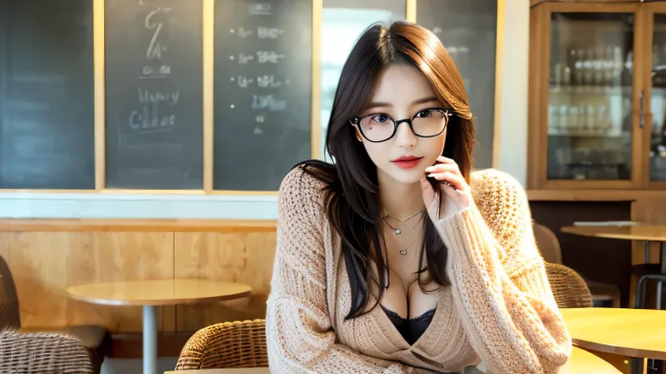 (realisitic、hight resolution:1.3)、1 girl with a perfect figure、korean girl, Super thin face and eyes、beautiful face, messy long hair、knitted clothes:1 in random color.2、Short skirt、glasses, sitting in a cafe、coffee on table 、holding a coffee, cleavage, plu...