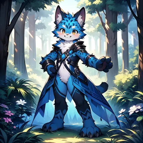 anthropomorphic cat，fluffy fur，Blue patterned fur embellished，Handsome，Males，Alone，masterpiece，super high quality，in the forest，Smiling with bared teeth，Energetic，rich in detail，standing，perfect，Whole body naked