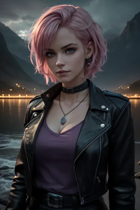 "(Best quality,4K,8 k,A high resolution,masterpiece:1.2),Ultra detailed,(realistic,photorealistic,photo-realistic:1.37),bully,gorgeous woman,short disheveled pink hair, creepy horror smile,epic dark atmosphere,Cinematic quality,dark environment,mysterious ...