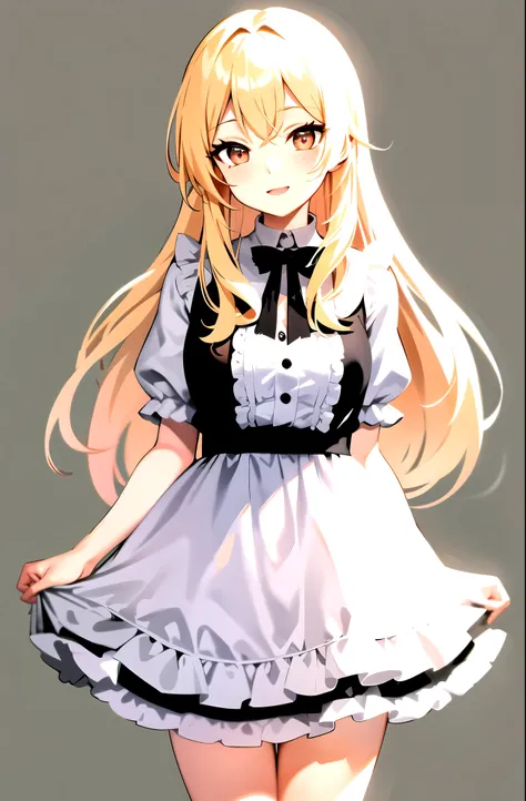 open your mouth and laugh, Cafe , blonde , long hair , looking at the viewer, cowboy shot, Are standing, 1 girl, upright , Black and white clothes, frills , No pose , (simple background) , take no pose