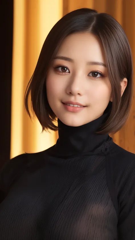 黒いturtleneckのセーターを着た日本女性、 (((masterpiece))), ((highest quality)), ((intricate details)), (((超realistic)), absurd solution, law of near and far, very detailed, realistic, 1 girl, ((big breasts)), perfect hands, finger details, beautiful and fine eyes, short...