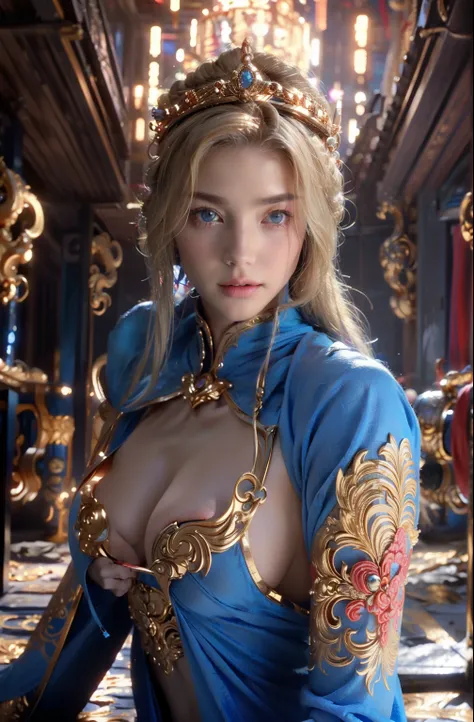 ((Best quality)), ((masterpiece)), (highly detailed:1.3),a woman wearing blue armor, long hair. Holding a luxury sword, armor damaged war scene, super cute face, super slim body, super slim, small waist, super perfect huge breast, perfect huge  breast, smo...