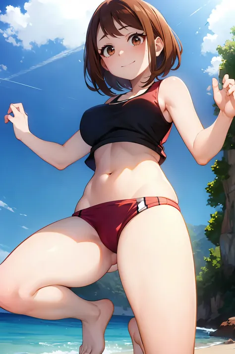 ochaco_uraraka, happy, brown hair, brown eyes, media breast, tank top, stomach, navel, bikini , Full body