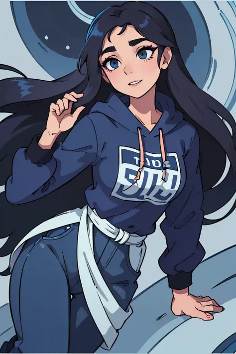 This image captures a girl dressed in oversized royal blue colour hoodie and wide leg jeans (like in kdramas) a striking that emphasizes her grace and femininity but does not show her skin. The womans black hair flows in long, layered waves, complementing ...