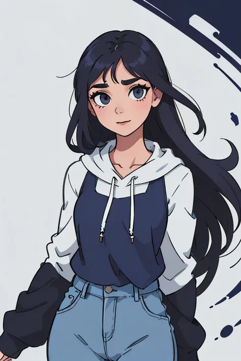 This image captures a girl dressed in oversized royal blue colour hoodie and wide leg jeans (like in kdramas) a striking that emphasizes her grace and femininity but does not show her skin. The womans black hair flows in long, layered waves, complementing ...