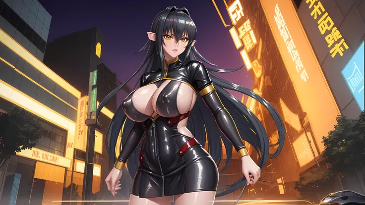 (high quality:1.1),  intricate details,  cinematic lighting, sharp focus,
Annerose, 1girl, solo, standing, cowboy shot,
looking at viewer, determined, 
very long hair, hair intakes, black hair, pointy ears, yellow eyes,
 (bodysuit:1.05), shiny clothes, 
 l...