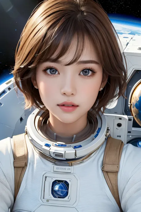 highest quality、masterpiece、ultra high resolution、(real:1.4)、Beautiful woman１、Beautiful details of eyes and skin、light brown short cut hair、small smile、latest space suit、space station、Remains、cloudy sky、