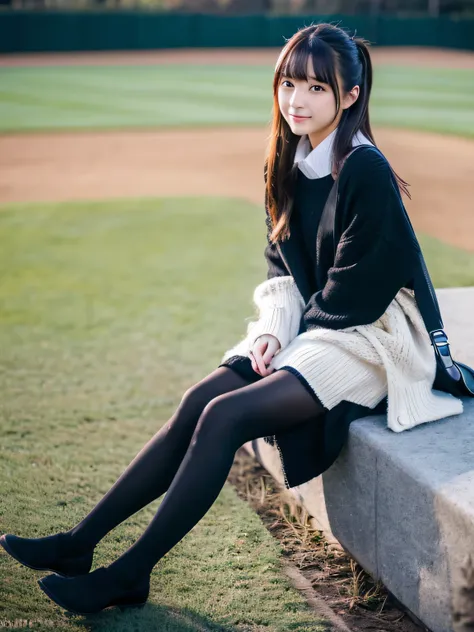 (masterpiece:1.2), super high quality, ((japanese girl)), (super realistic), (super photographic style), 1girl, sexy 18 yo girl, ((slender body)),  outdoor, skirt, sweater, winter day, (pitch black tights), 