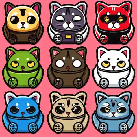 four set of kawaii character robot cat, detailed realistic professional art masterpiece sticker set