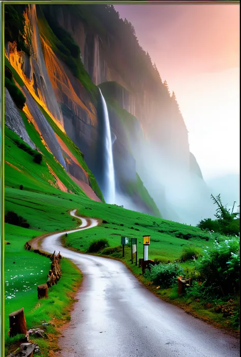 A photo taken from a distance of the road leading to the waterfall, The blossoming road leading to heaven, beautiful and mysterious, beautiful feces, Beautiful images ever created, magical landscape, shining swirling fog, really beautiful nature, magical c...