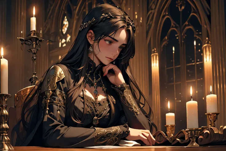 A somber portrayal of a long-haired maiden attending a medieval funeral, her sorrow evident in her expression, Gothic architecture framing the scene, candlelit interior casting deep shadows, ornate casket adorned with intricate carvings, solemn atmosphere,...