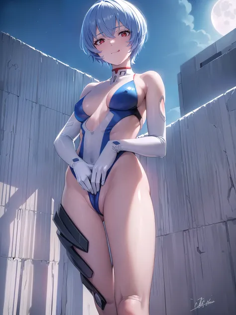 reiayanami, rei ayanami, blue hair, short hair, (red eyes:1.5), (small breasts:1.2),
break bodysuit, headgear, plug suit, white bodysuit,
break outdoors, city,
break looking at viewer, (cowboy shot:1.5),
break (masterpiece:1.2), highest quality, High resol...