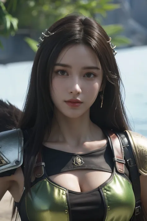 Game art，The best picture quality，Highest resolution，8K，(A bust photograph)，(Portrait)，(Head close-up)，(Rule of thirds)，Unreal Engine 5 rendering works， (The Girl of the Future)，(Female Warrior)， 
20-year-old girl，((Hunter))，An eye rich in detail，(Big brea...