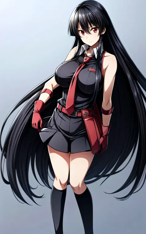 masterpiece, best quality, akame (akame ga kill!), full body, 1girl, solo, long hair, black hair, red eyes, necktie, very long h...