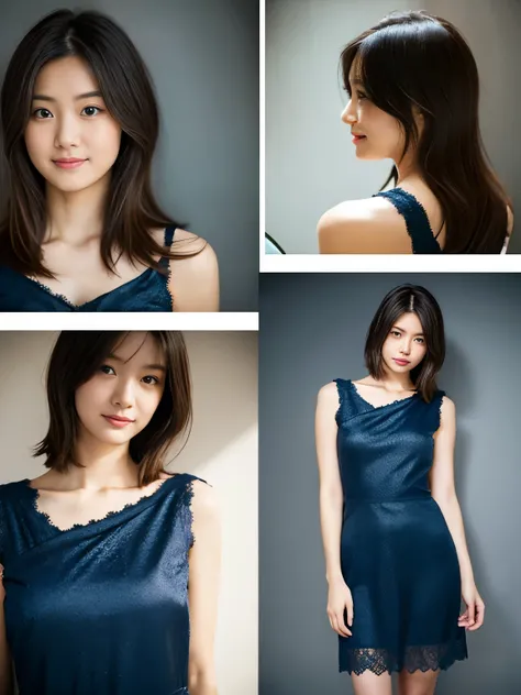 character_sheet、beautiful 25 year old woman。She is wearing a tight camisole made of light blue satin fabric...。Black lace on chest and hem.。smile gently。her dark brown hair、、her hair is long and straight。High resolution、masterpiece、highest quality、Head w:1...