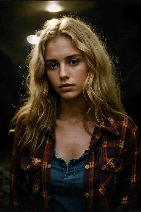 photograph of a woman, (troubled facial expression), textured skin, goosebumps, blonde afro hair, plaid flannel shirt with distressed boyfriend jeans, cowboy shot, dark and mysterious cave with unique rock formations and hidden wonders, perfect eyes, (cand...