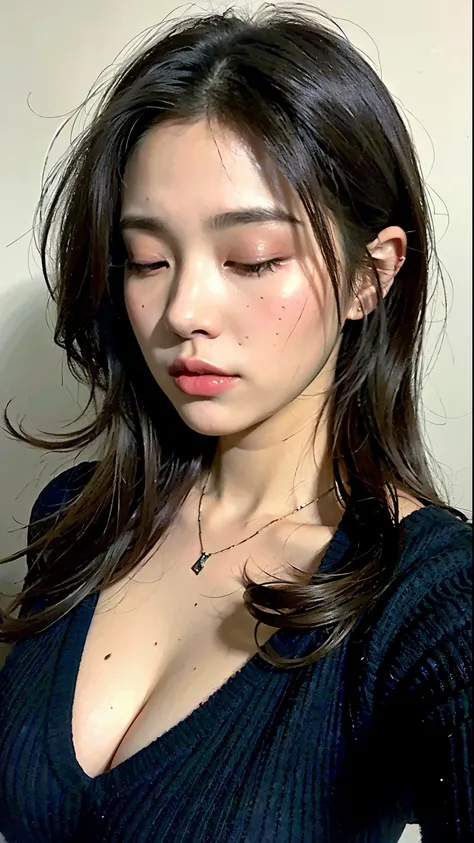 (Best quality, 8k, 32k, Masterpiece, UHD:1.2),Photo of Pretty Japanese woman, large breasts, messy hair,,upper body, oversized_sweater, necklace, dark background, from above, closing eyes