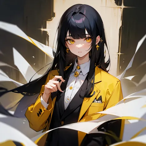 cat-like girl、highest quality、masterpiece、long hair、black hair、yellow eye hole、gray blazer、My clothes are a little worn out、earrings