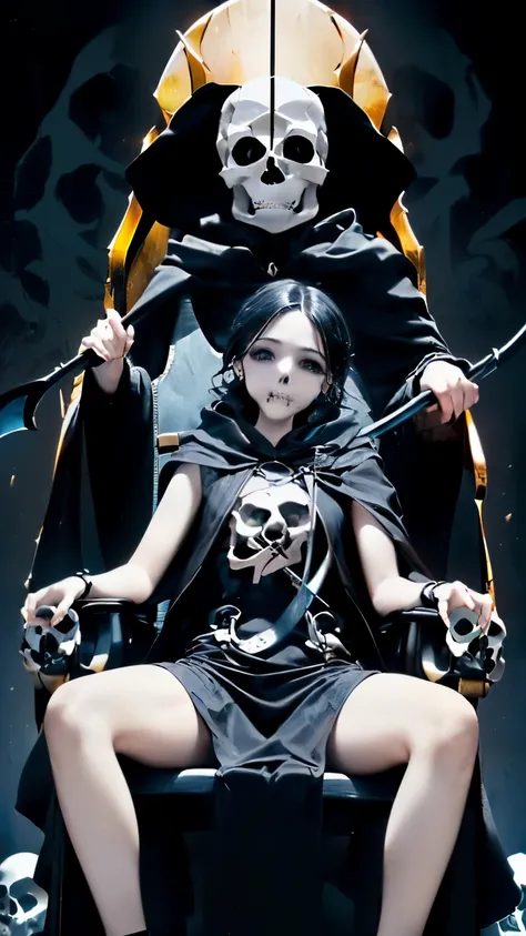 (((Masterpiece))),((top quality)),one beautiful girl,Pale, (A character that personifies the god of death: 1.5), (((young face:1.5)))、(Have a scythe:1.5)))、(belly button)、(black dress and black cloak:1.5),(plain clothes), (skin revealing),(The background i...