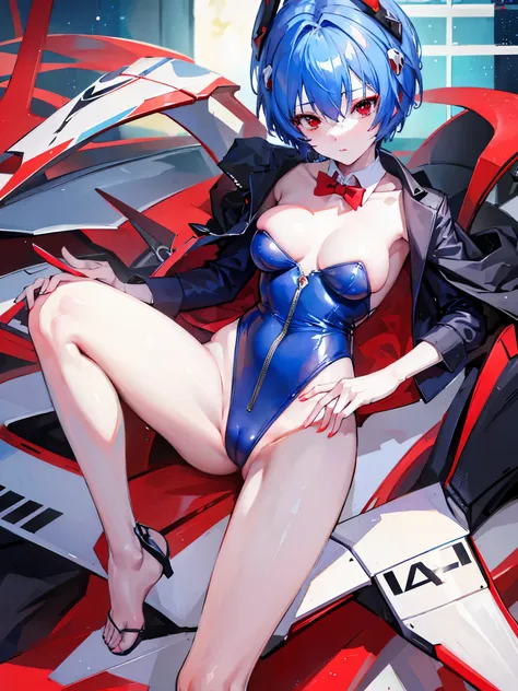 rei ayanami, blue hair, short hair, (red eyes:1.5),at the casino,bunny suit,NSFW,peeled,sexy pose,1 girl,highest quality,embarrassed face