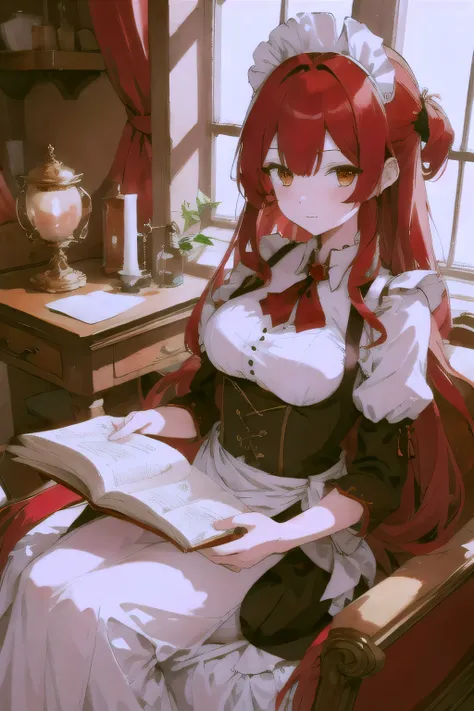 Beautiful illustration, best quality,(transformation sequence), red hair，long hair，golden eyes，maid outfit，dragon horn，