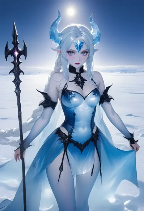 an ice female demon、Standing in the frozen snow field、Witch wearing pale armor, ((sexy costume:1)), SEXY female devil,