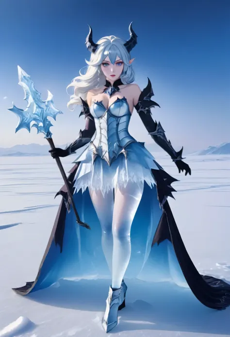 an ice female demon、standing in the frozen snow field、witch wearing pale armor, ((sexy costume:1)), sexy female devil,