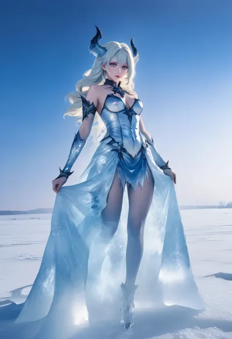 an ice female demon、standing in the frozen snow field、witch wearing pale armor, ((sexy costume:1)), sexy female devil,