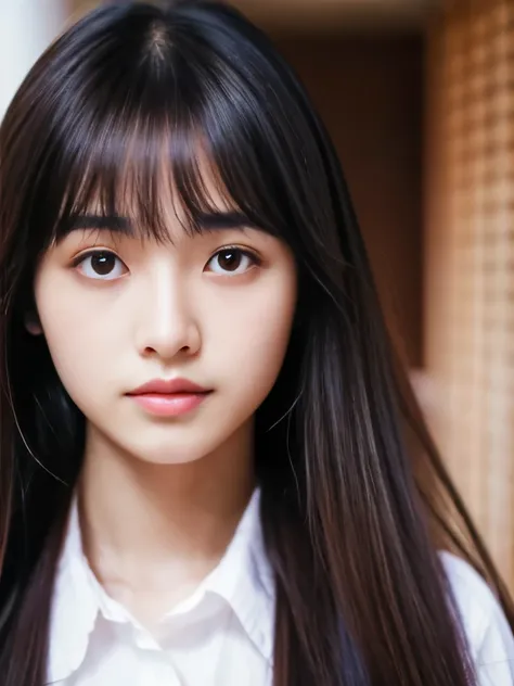 Realistic photo quality、4K high quality、Mion Mukaiji、17 year old young Japanese woman、beautiful girl、long straight hair、With bangs、glossy lips、Pitiful、clear、魅力的でPitifulな美しい少女