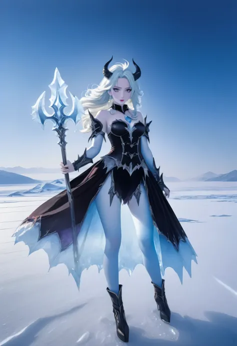 an ice female demon、Standing in the frozen snow field、Witch wearing pale armor, ((sexy costume:1)), SEXY female devil,