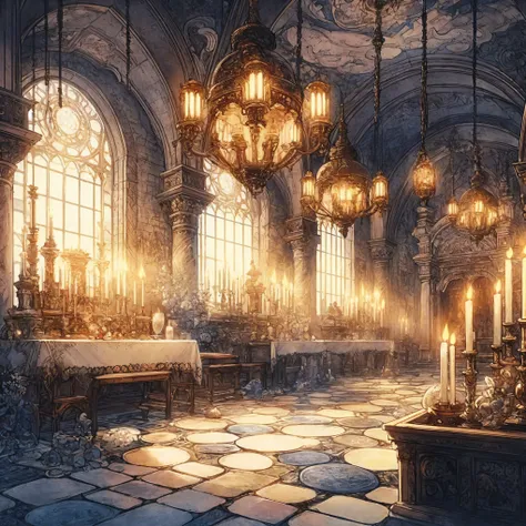 there is a room with a table and a bunch of candles, fantasy atmospheric lighting, gothic epic library concept, gothic epic library, elegant cinematic fantasy art, concept art stunning atmosphere, unreal engine fantasy art, magical concept art, fantasy gor...