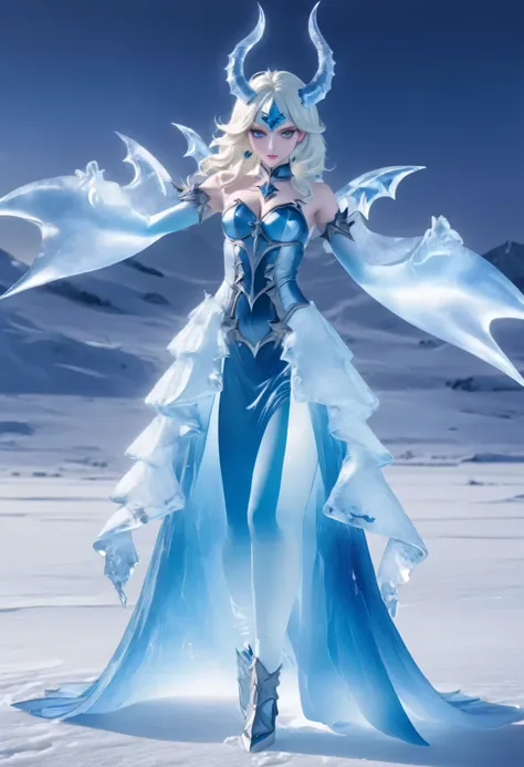 an ice female demon、standing in the frozen snow field、witch wearing pale armor, ((sexy costume:1)), sexy female devil,