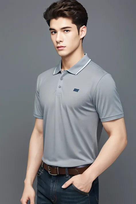 male　２０age　polo shirt　gray　The collar is also gray　brand advertising　background white　Upper body