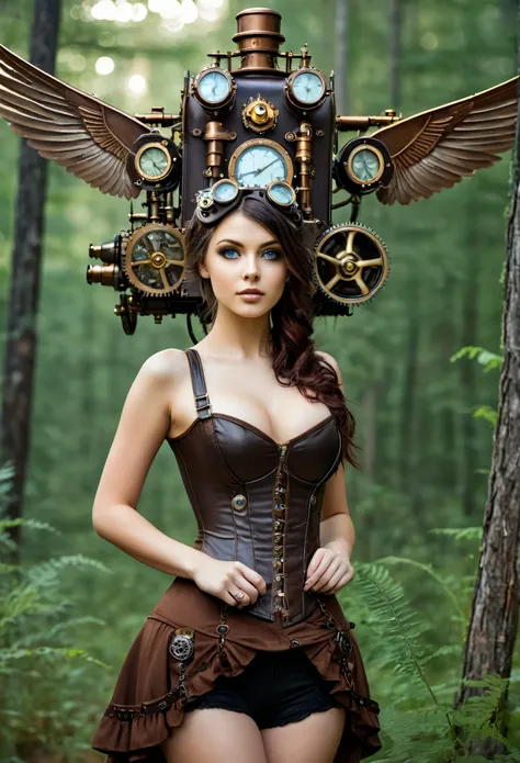 a beautiful steampunk girl standing with a steampunk flying machine behind her,forest clearing,realistic,perfect body,perfect eyes,perfect hands,looking at camera,early morning