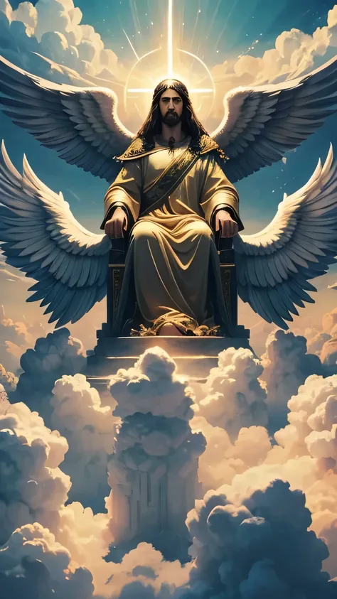 Crie uma imagem que represente o retorno de Cristo, where he will be on his throne in the clouds in high glory, com uma coroa, and his angels will descend from the heavens and below a multitude waiting to be saved