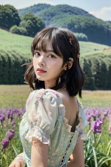 Elegantism,colored, A standing,full form, Lisa blackpink member  facing the viewer in an antique dress with torn lace trim stands in a fallow field, behind are wildflowers by Heade and fields and wheat swaying gently under a clear sky. She has long tumblin...